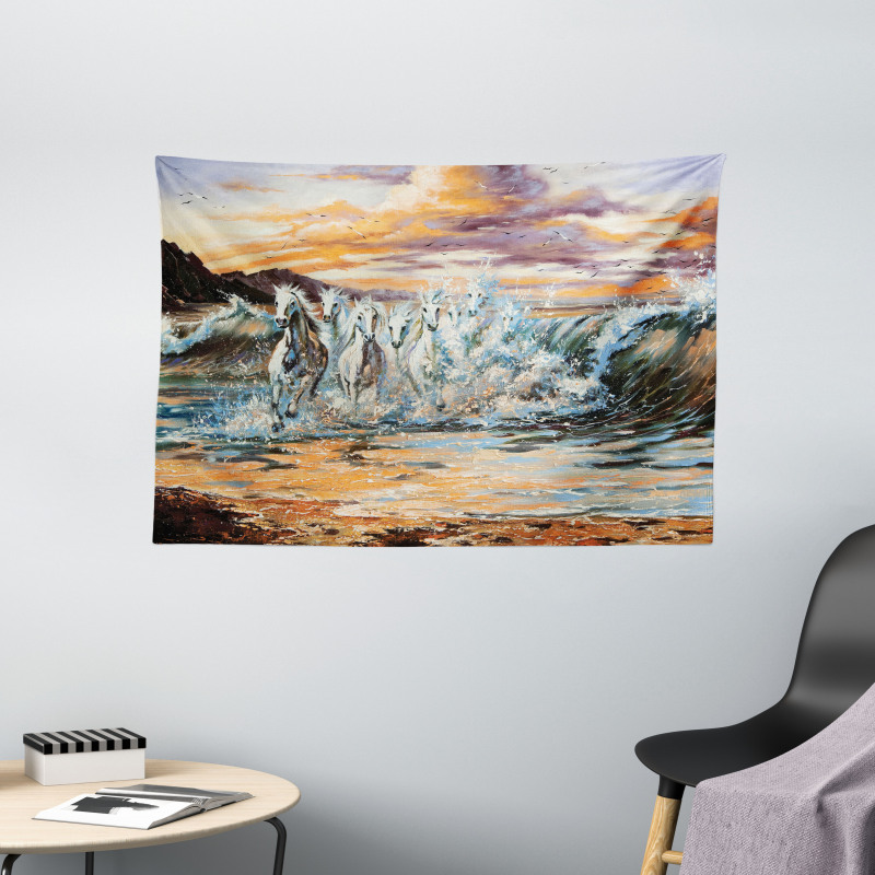 Retro Surreal Horses Wide Tapestry