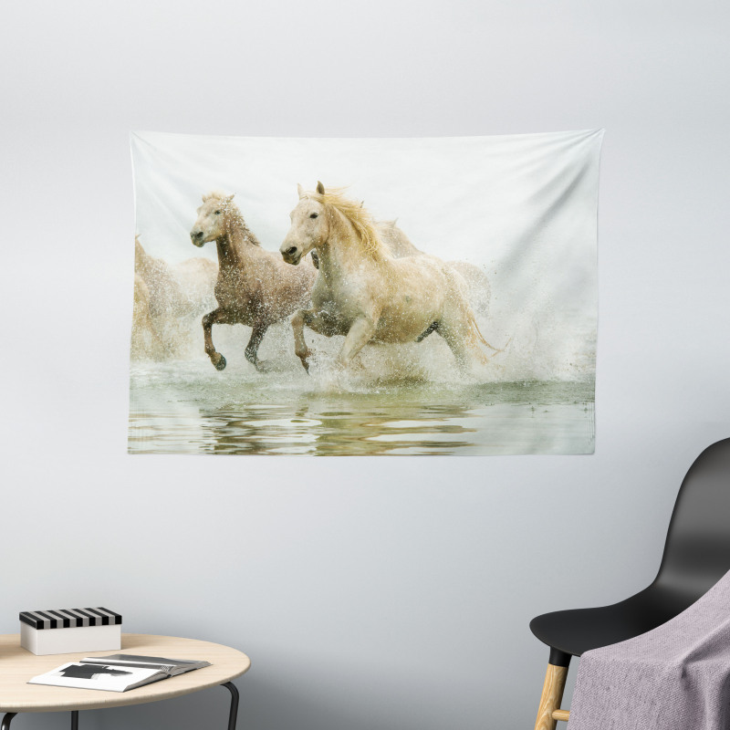 Camargue Horses in Water Wide Tapestry
