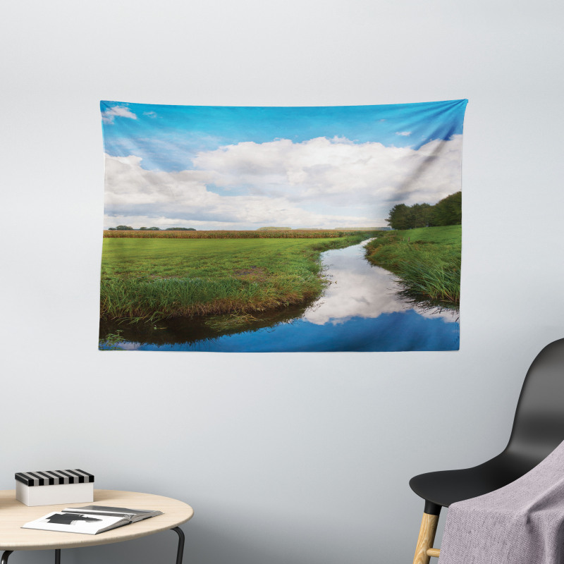 Calm River Meadow Trees Wide Tapestry