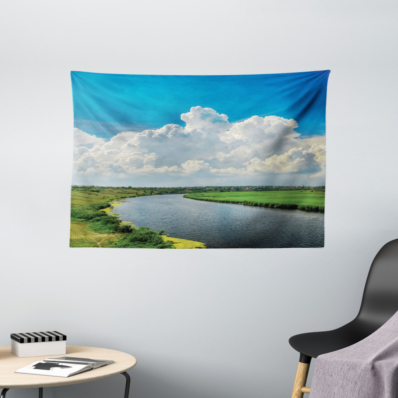 Clouds River Meadows Wide Tapestry