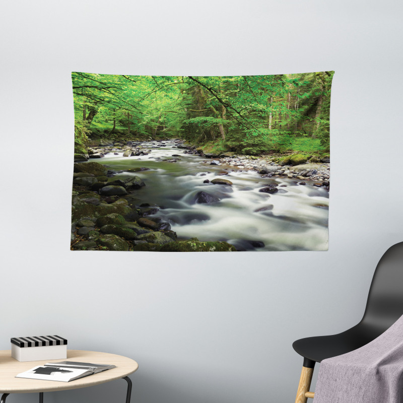 Riverbed Rocks Trees Wide Tapestry