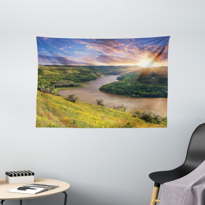 Rising Sun Calm River Wide Tapestry