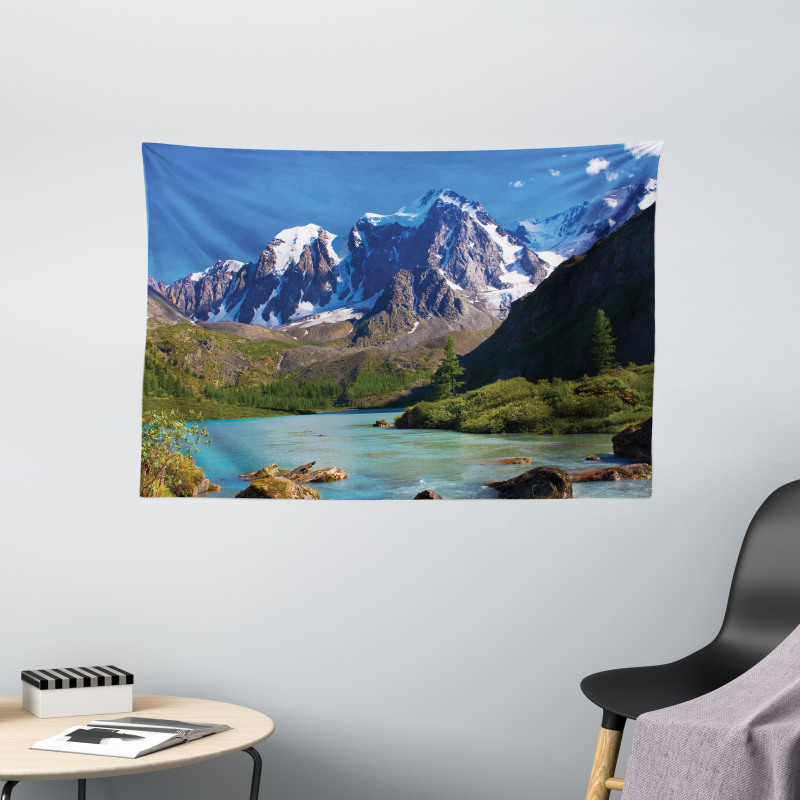 Mountain River Clouds Wide Tapestry