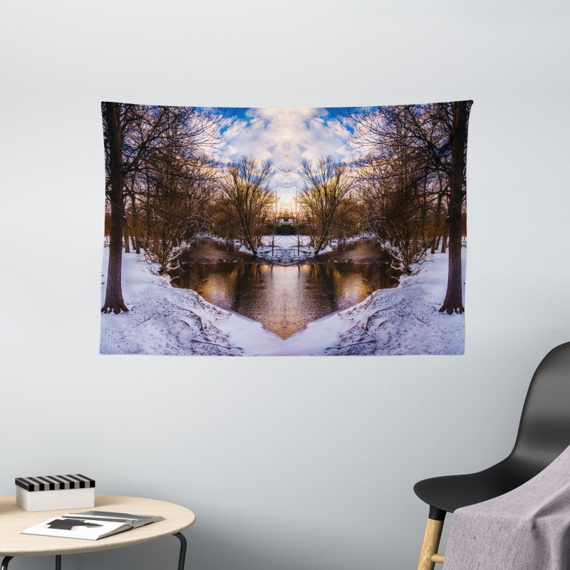 Snowy Winter Park Lake Wide Tapestry