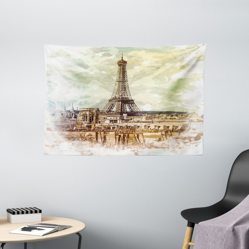 Eiffel Tower Skyline Wide Tapestry
