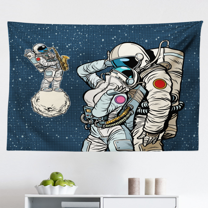 Romantizm Mikrofiber Geniş Duvar Halısı Uzayda Saksafon Çalan Ve Aşık Astronotlar