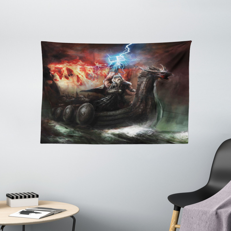 Vikings Boat Stormy Sea Wide Tapestry