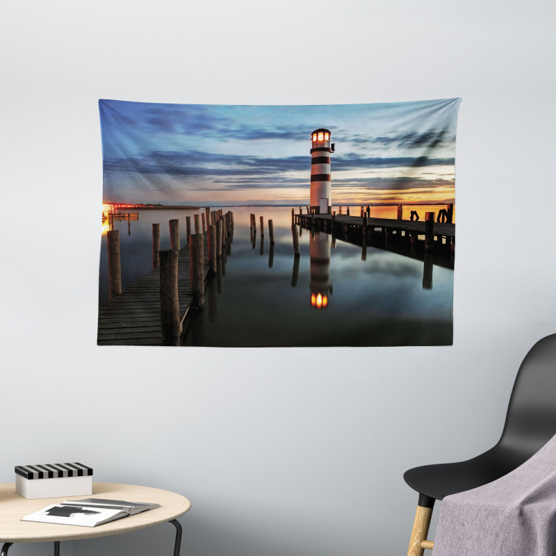 Lighthouse Calm Dusk Wide Tapestry