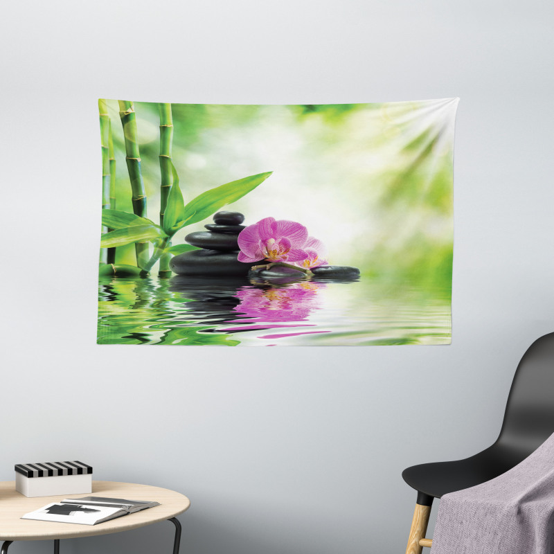 Orchids Rocks Water Wide Tapestry