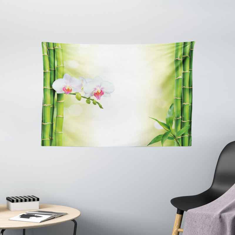 Orchids Bamboo Branches Wide Tapestry