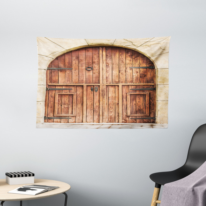 Oak Door Stone Facade Wide Tapestry