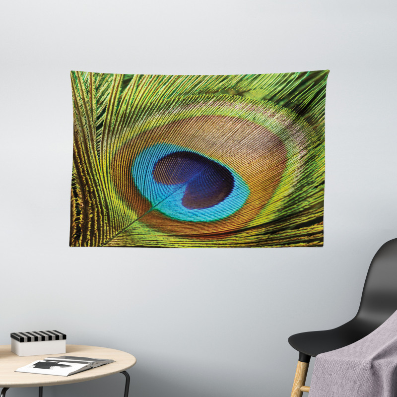 Green Peacock Feathers Wide Tapestry