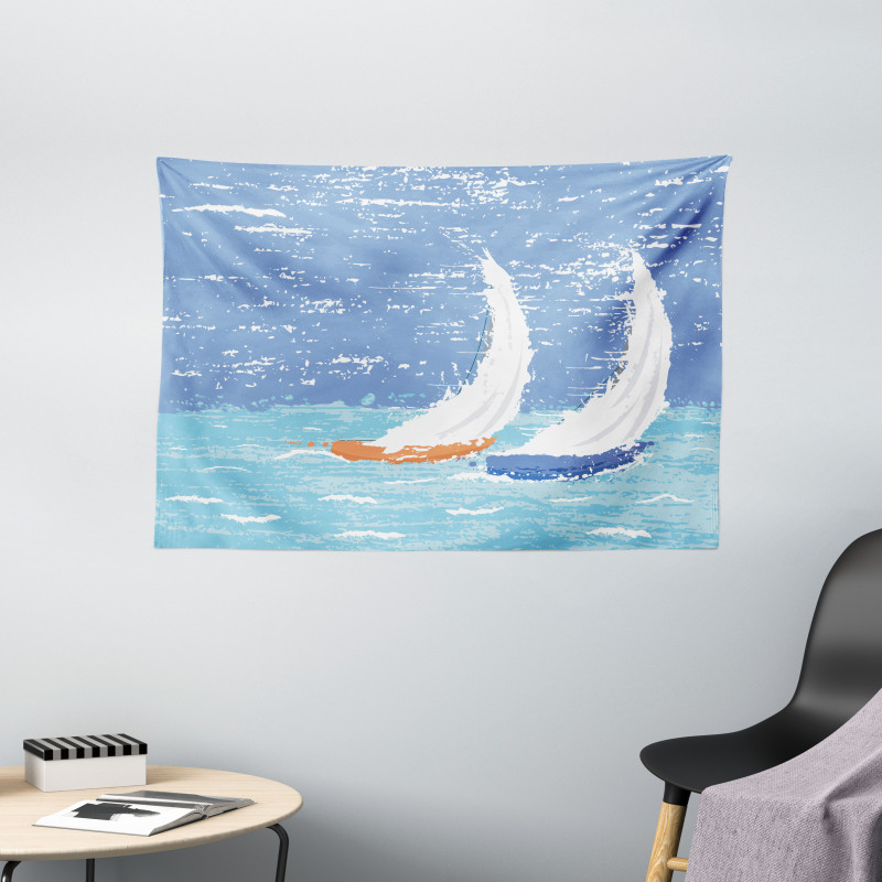 Grunge Sailboats Ocean Wide Tapestry