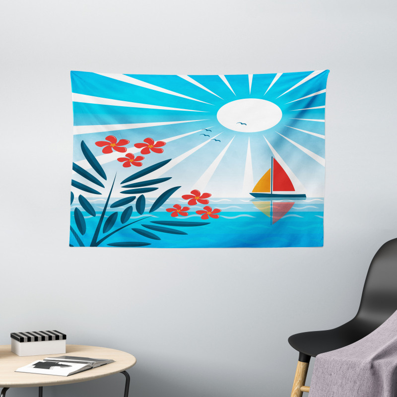 Oleanders and Sailboat Wide Tapestry