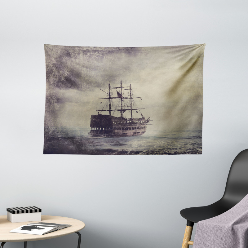 Old Pirate Ship in Sea Wide Tapestry