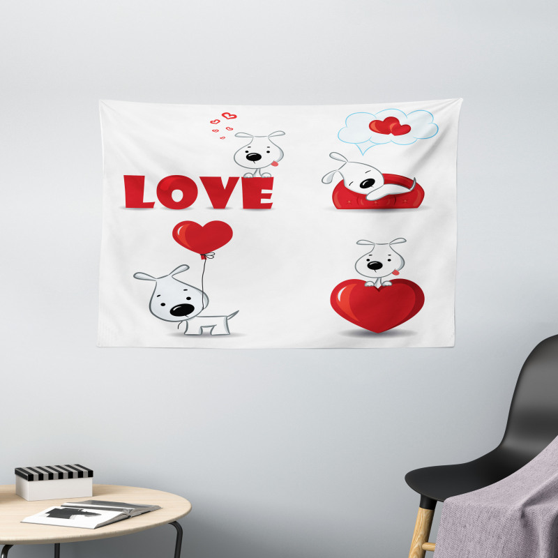 Funny Dog with Hearts Wide Tapestry