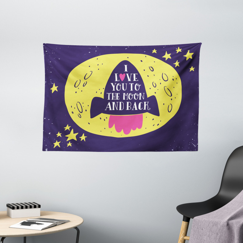 Rocket Space Moon Love Wide Tapestry