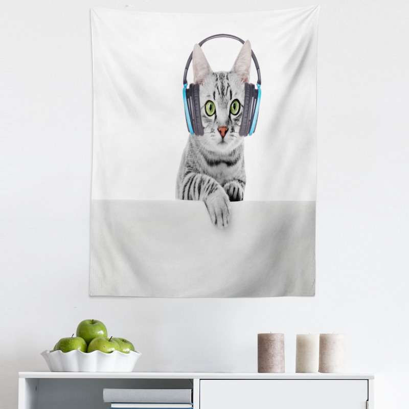 Hayvan Deseni Mikrofiber Duvar Halısı Müzik Dinleyen Kedi