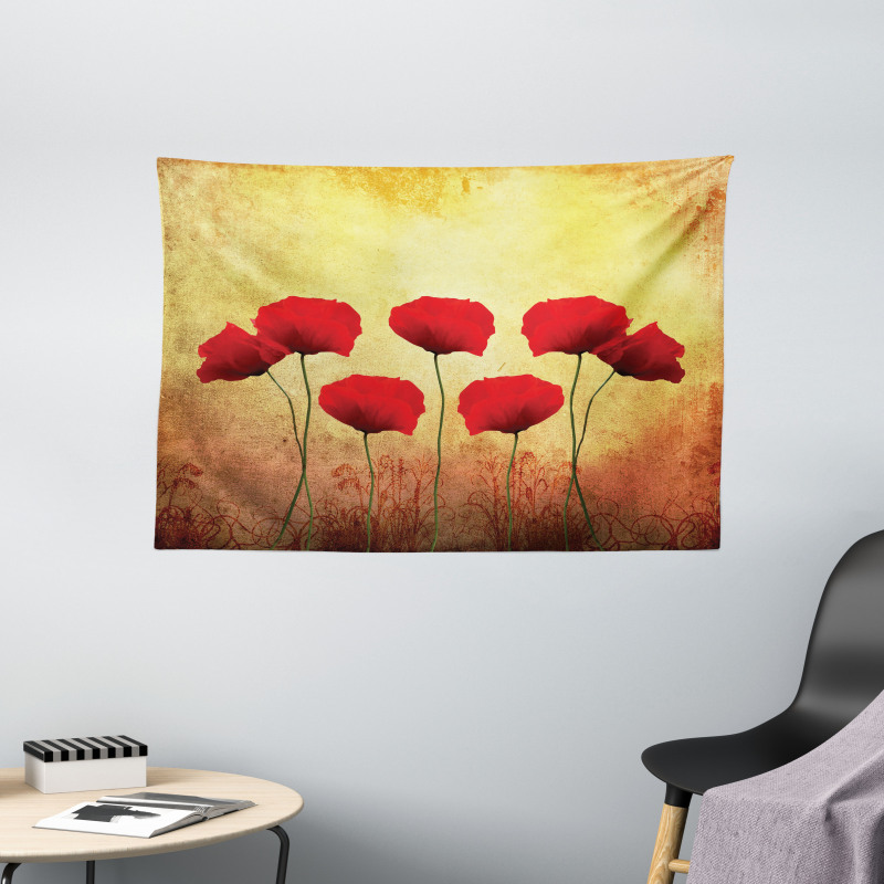 Retro Poppy Flowers Wide Tapestry