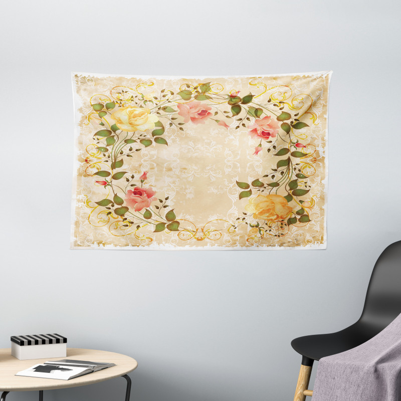 Leaves Roses Floral Wide Tapestry