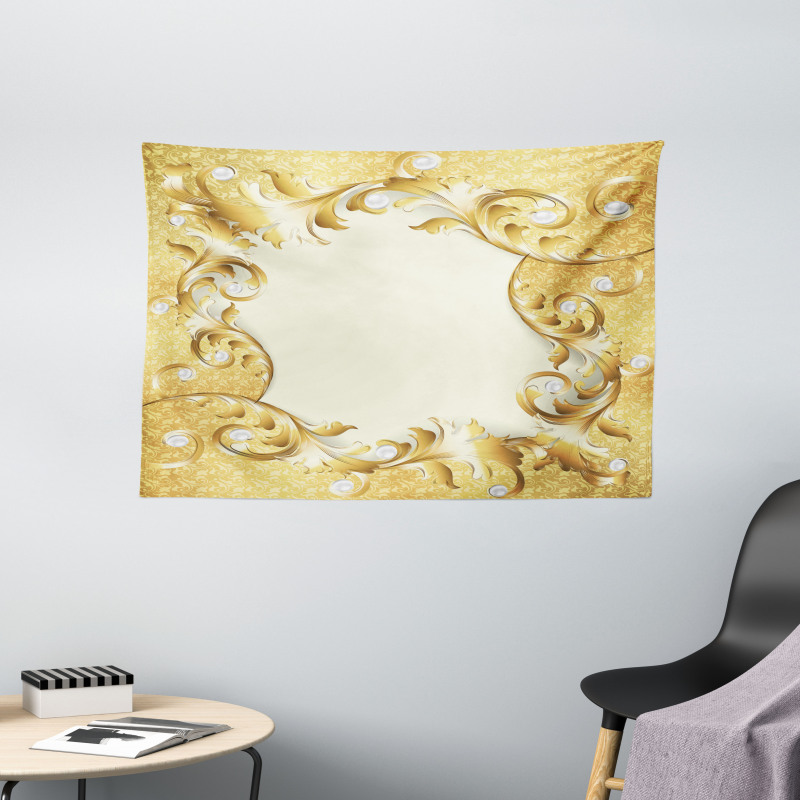 Golden Floral Ornament Wide Tapestry