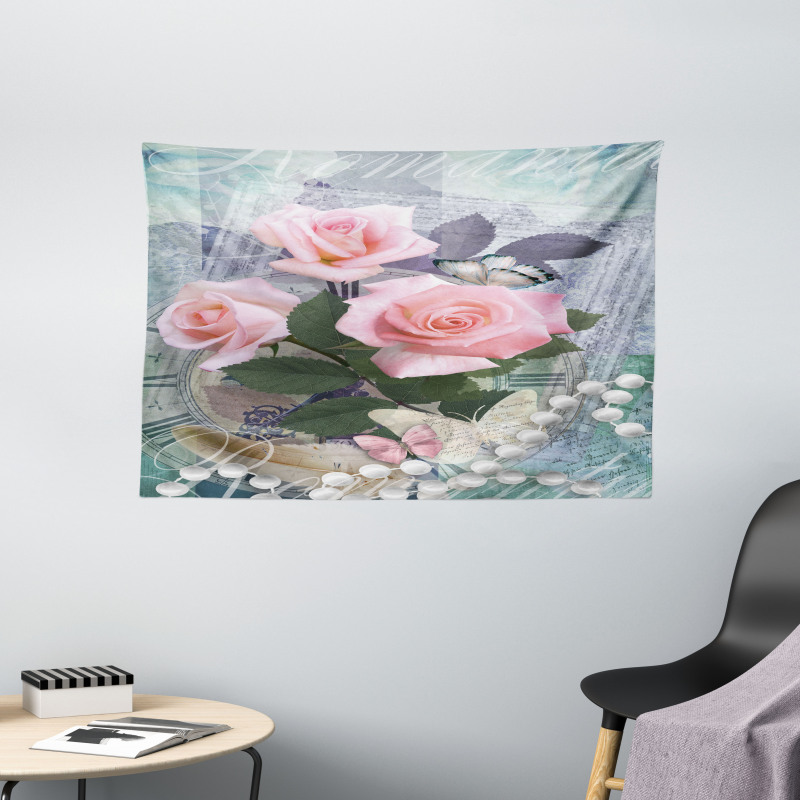 Vintage Rose Romance Wide Tapestry