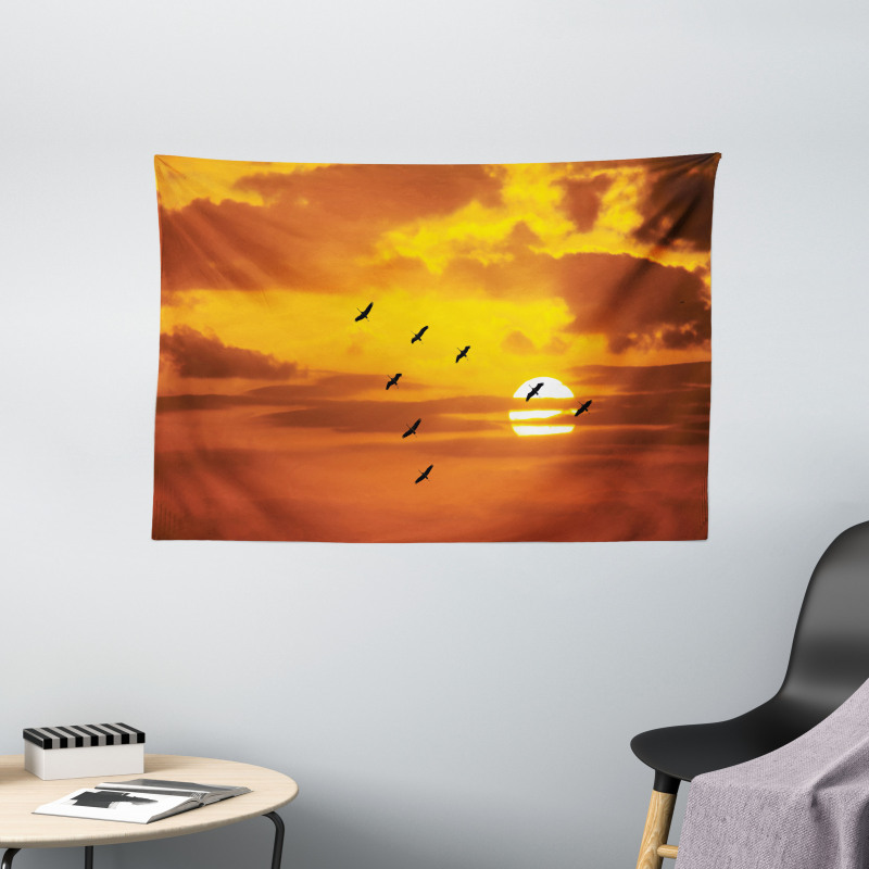 Birds Flying at Sunset Wide Tapestry