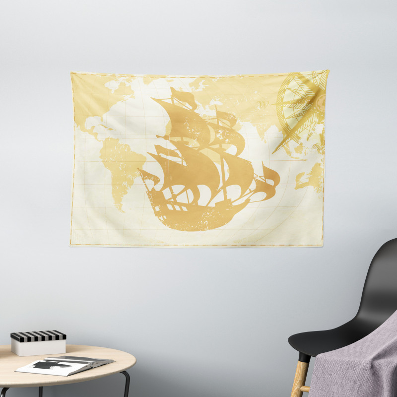 Old World Map Sailboat Wide Tapestry