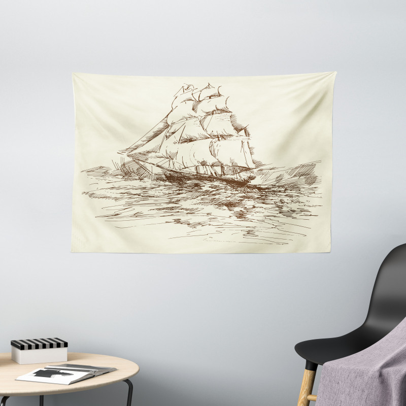 Hand Drawn Ship Wide Tapestry
