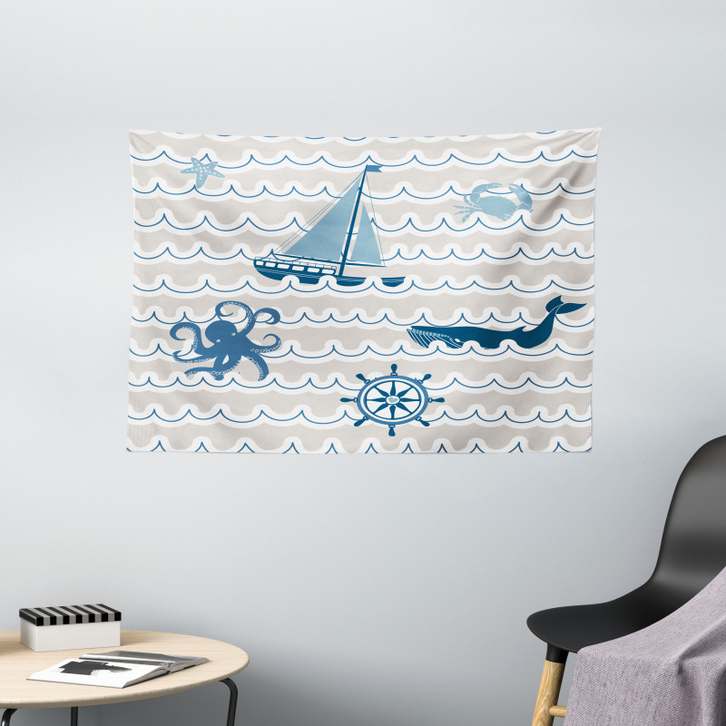 Cartoon Ship Whale Waves Wide Tapestry