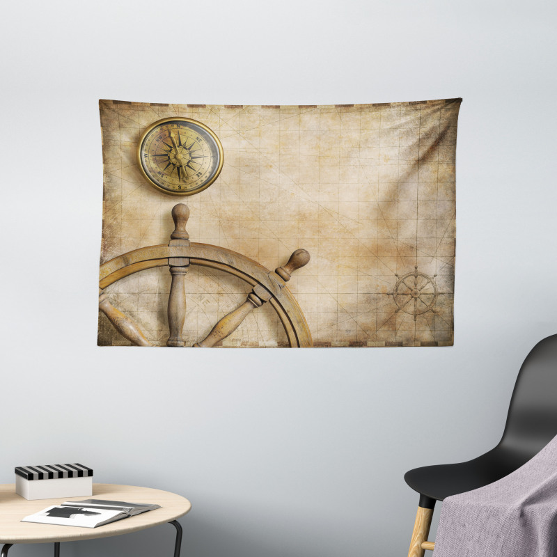 Wooden Wheel Compass Wide Tapestry
