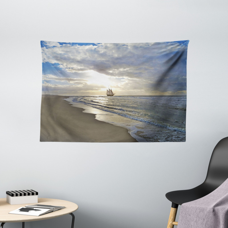 Sailing Shipt Sunset Wide Tapestry