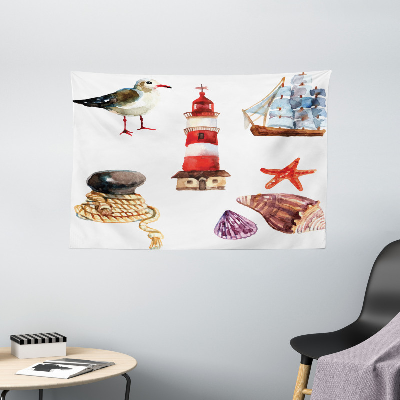 Lighthouse Seagull Wide Tapestry