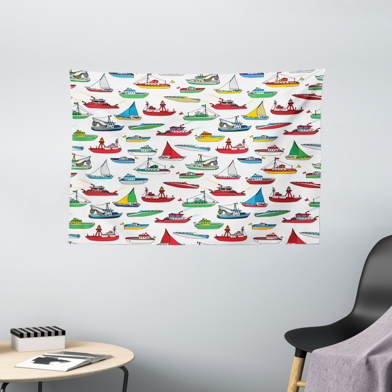 Cartoon Fishing Boats Wide Tapestry