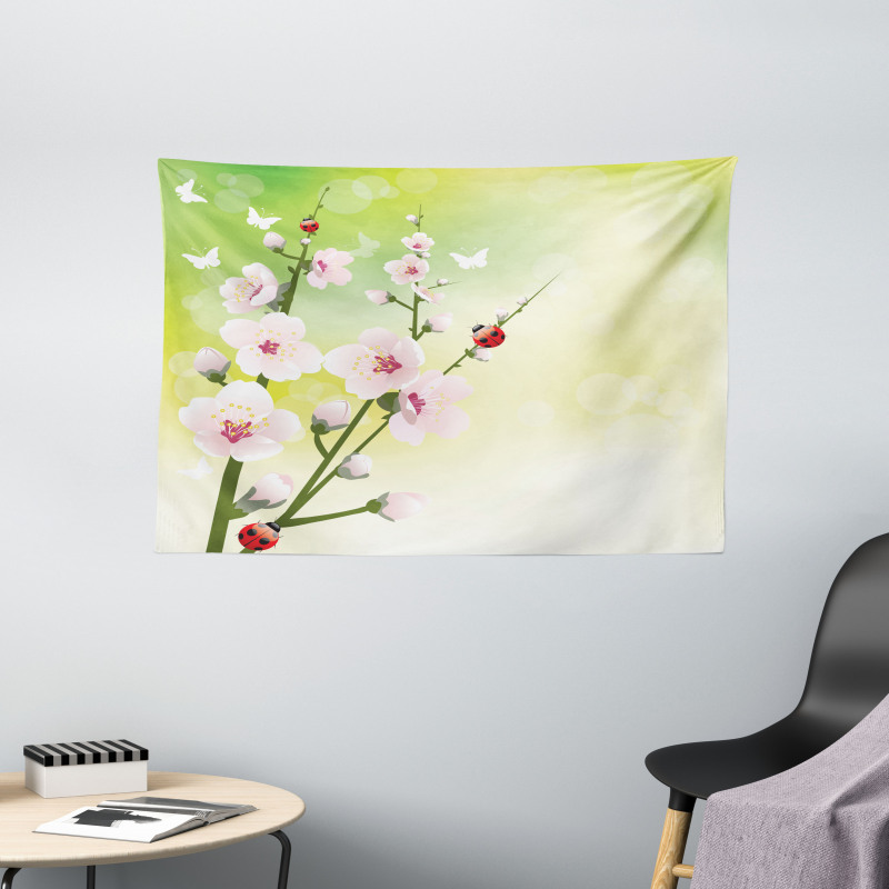 Blossoms Ladybugs Spring Wide Tapestry