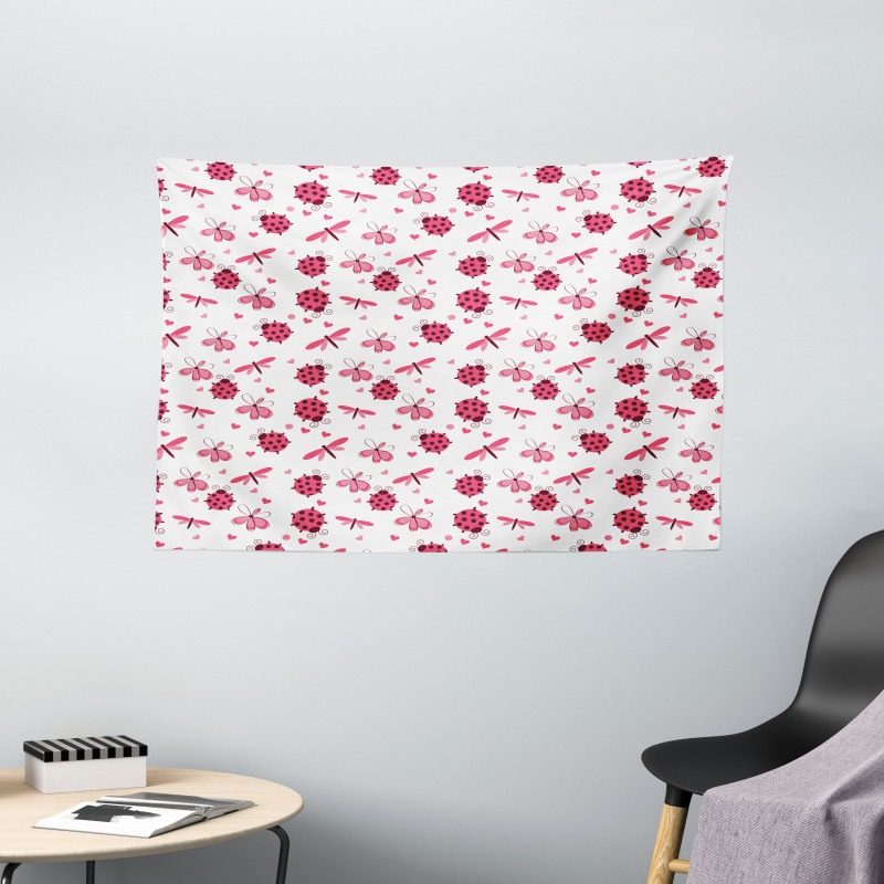 Dragonfly Ladybugs Hearts Wide Tapestry