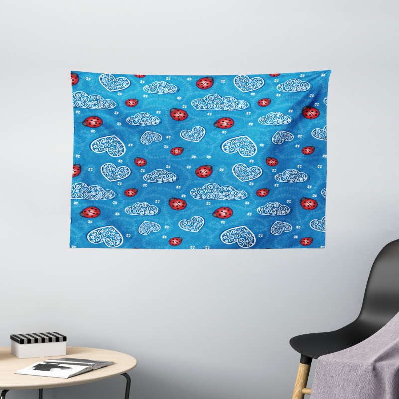 Ladybugs Hearts Clouds Wide Tapestry