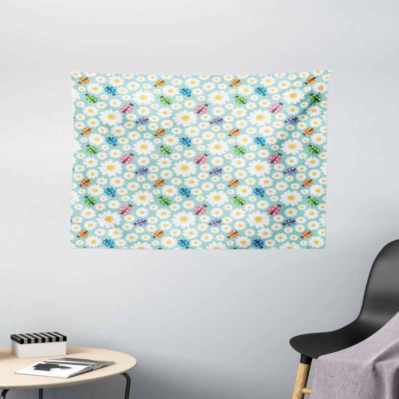 Daisies and Ladybugs Wide Tapestry