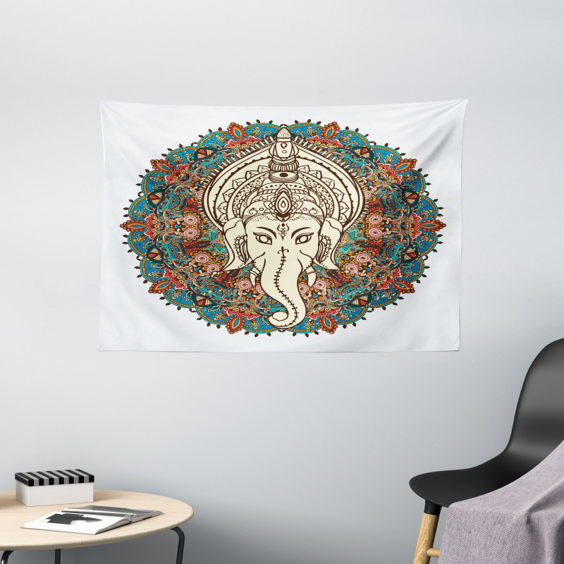 Mandala Floral Elephant Wide Tapestry