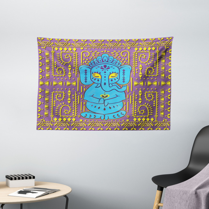 Elephant Tribal Art Retro Wide Tapestry