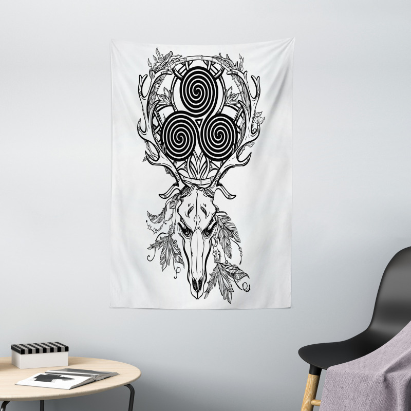 Deer Skull Feather Boho Tapestry