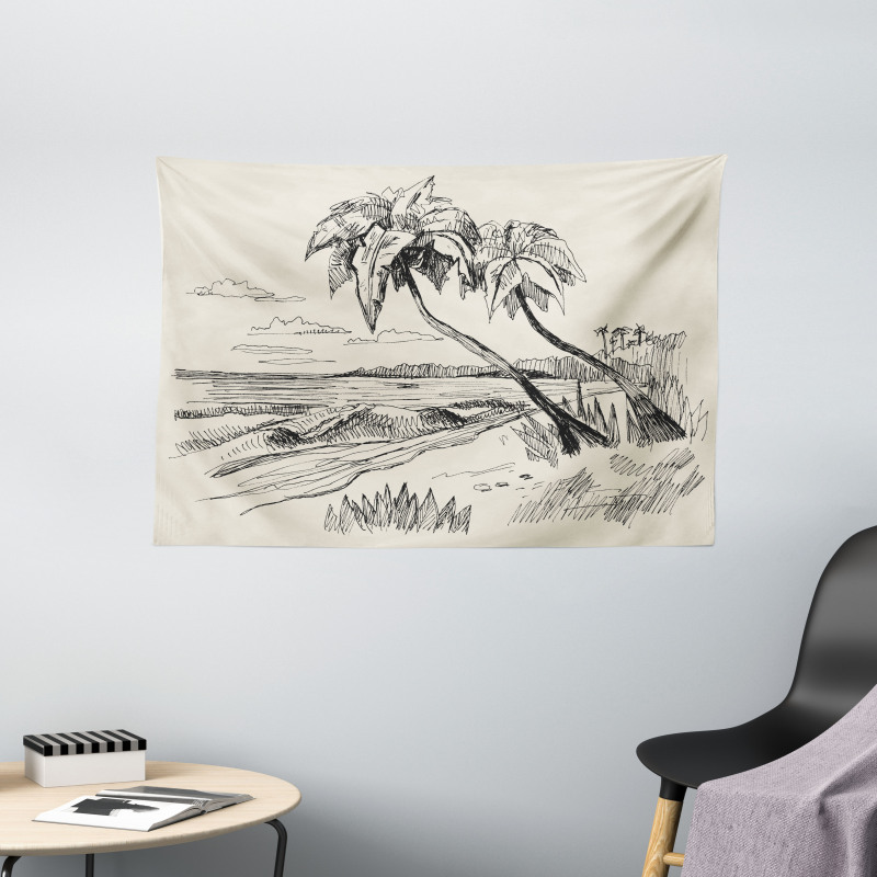 Tropical Beach Sketch Wide Tapestry
