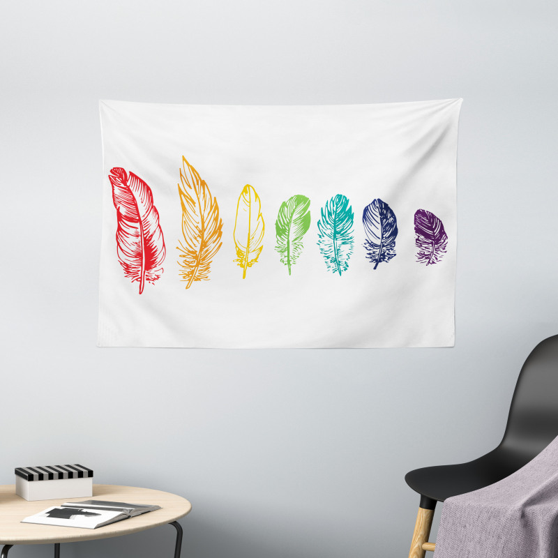 Rainbow Feathers Wide Tapestry