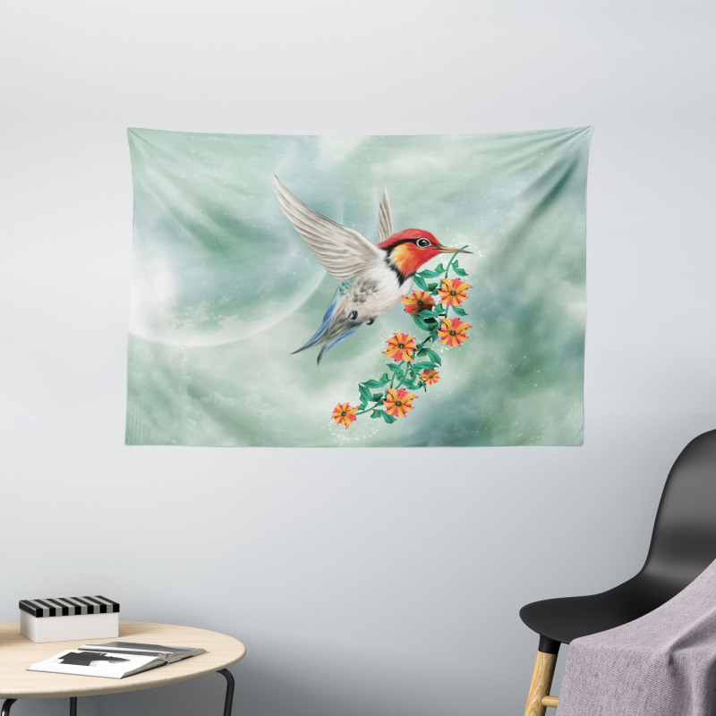 Bird with Flower Branch Wide Tapestry