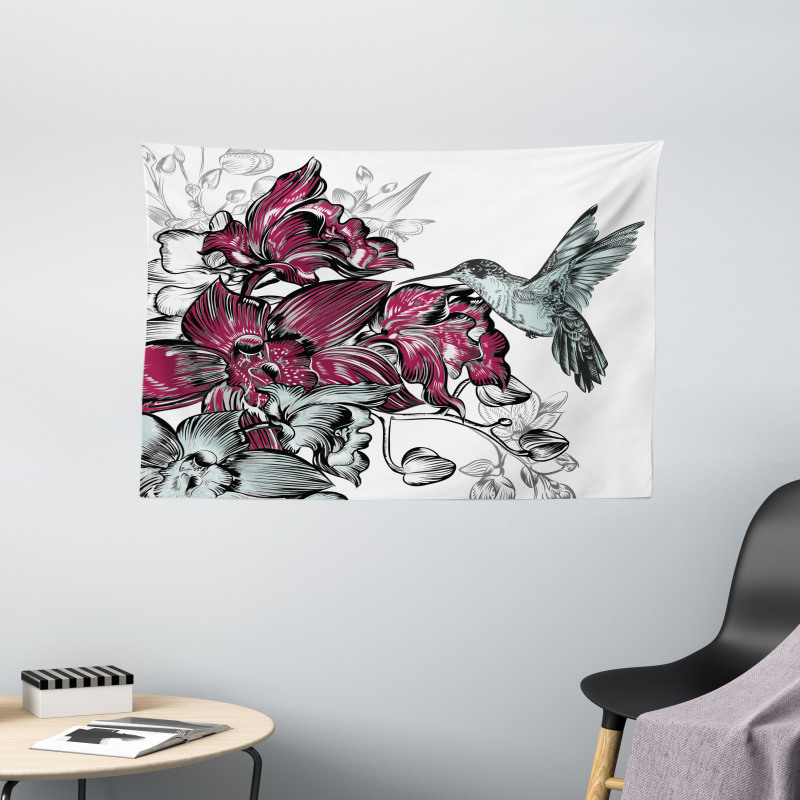 Orchids and Hummingbird Wide Tapestry