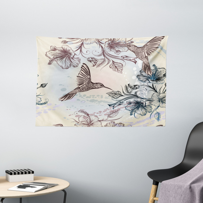 Birds Hibiscus Flowers Wide Tapestry