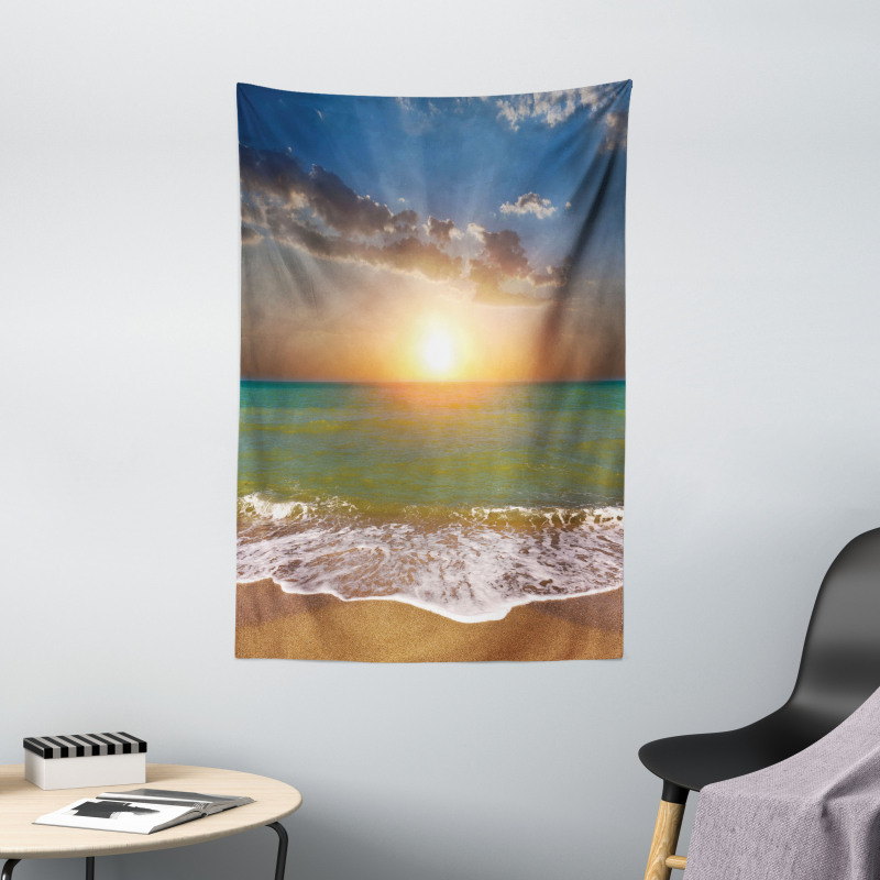 Sandy Beach Waves Sunset Tapestry