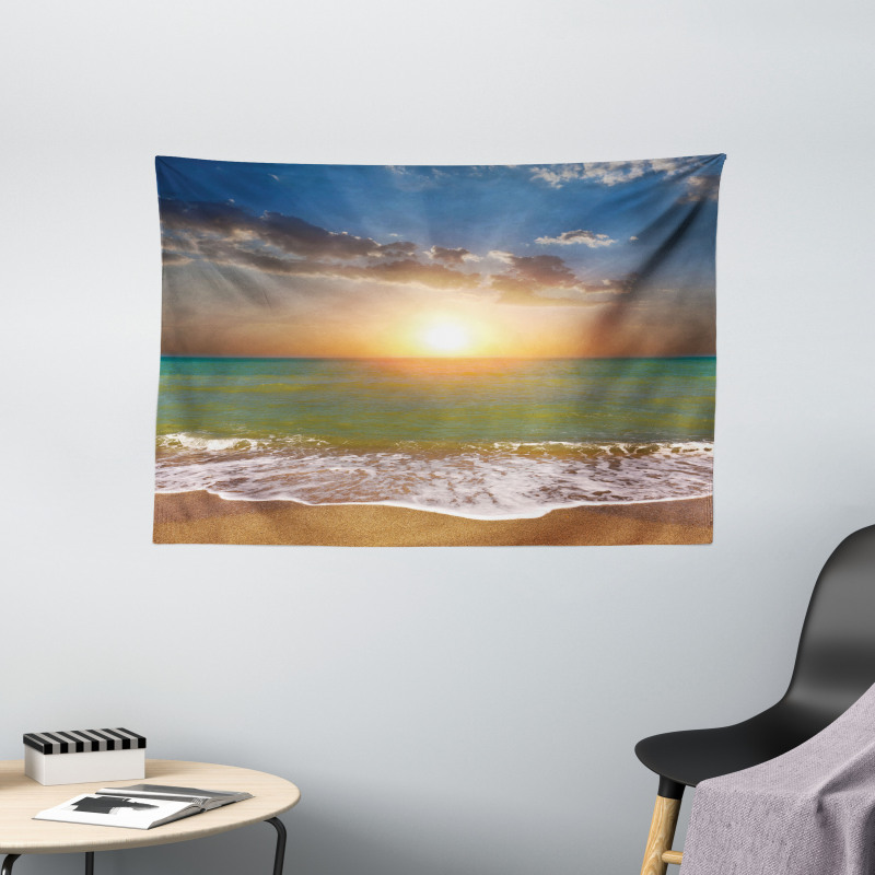 Sandy Beach Waves Sunset Wide Tapestry