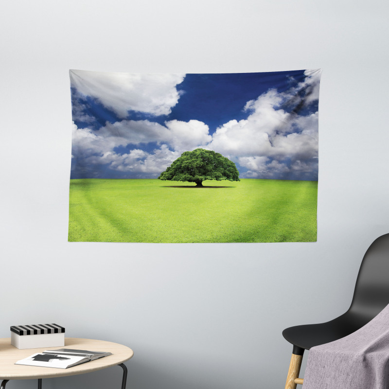 Old Tree in Grass Field Wide Tapestry