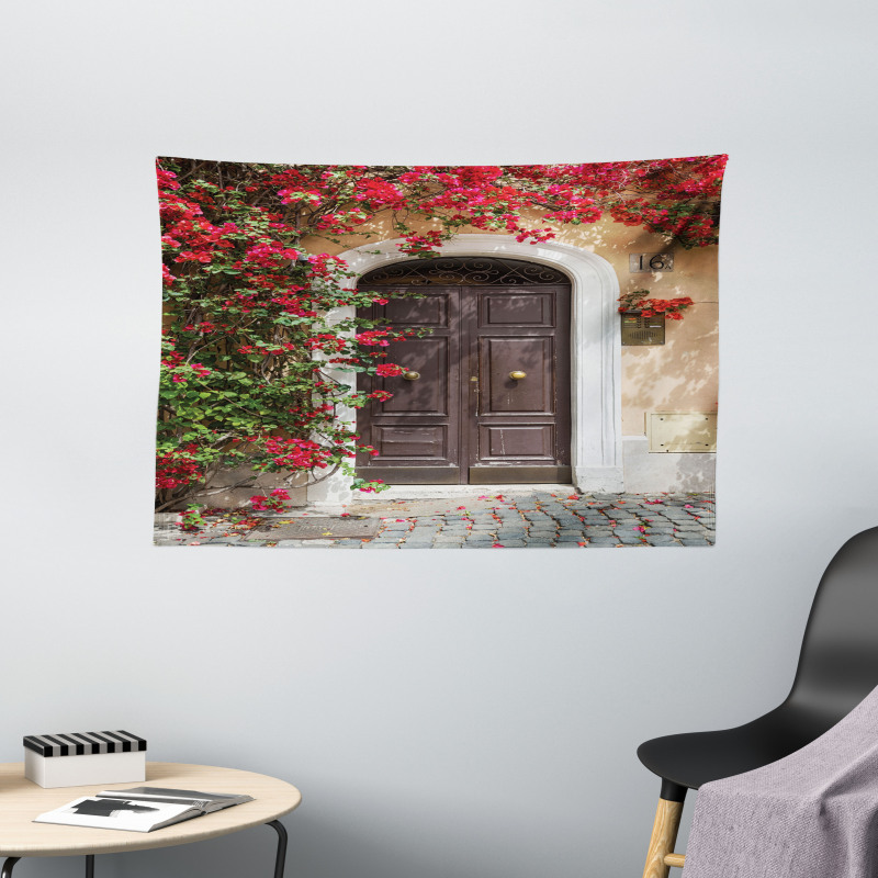 Old Door with Flowers Wide Tapestry